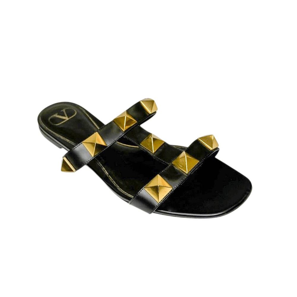 Valentino Garavani Roman Stud Flat Slides EU 40 Black Leather Gold Stud Sandals